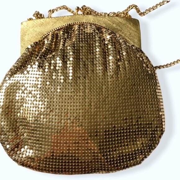 Whiting & Davis Bag 70s Gold Mesh Kiss Snap Evening Bag Crossbody Strap Purse - Picture 9 of 13